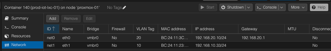 Container Network Configuration for dual networks